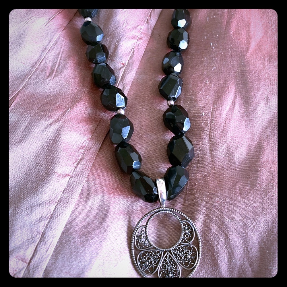 Antique sterling silver and onyx necklace